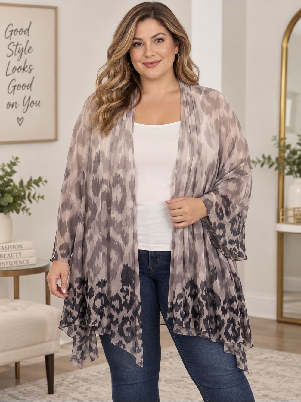 Calvin Klein Taupe and Charcoal Animal-Print Open Front Kimono